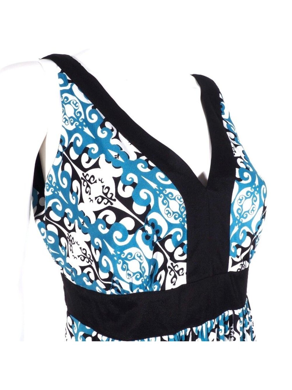 Ann Taylor Dress Size 12 Knee Stretch Mandala Empire Blue White Black Trulli